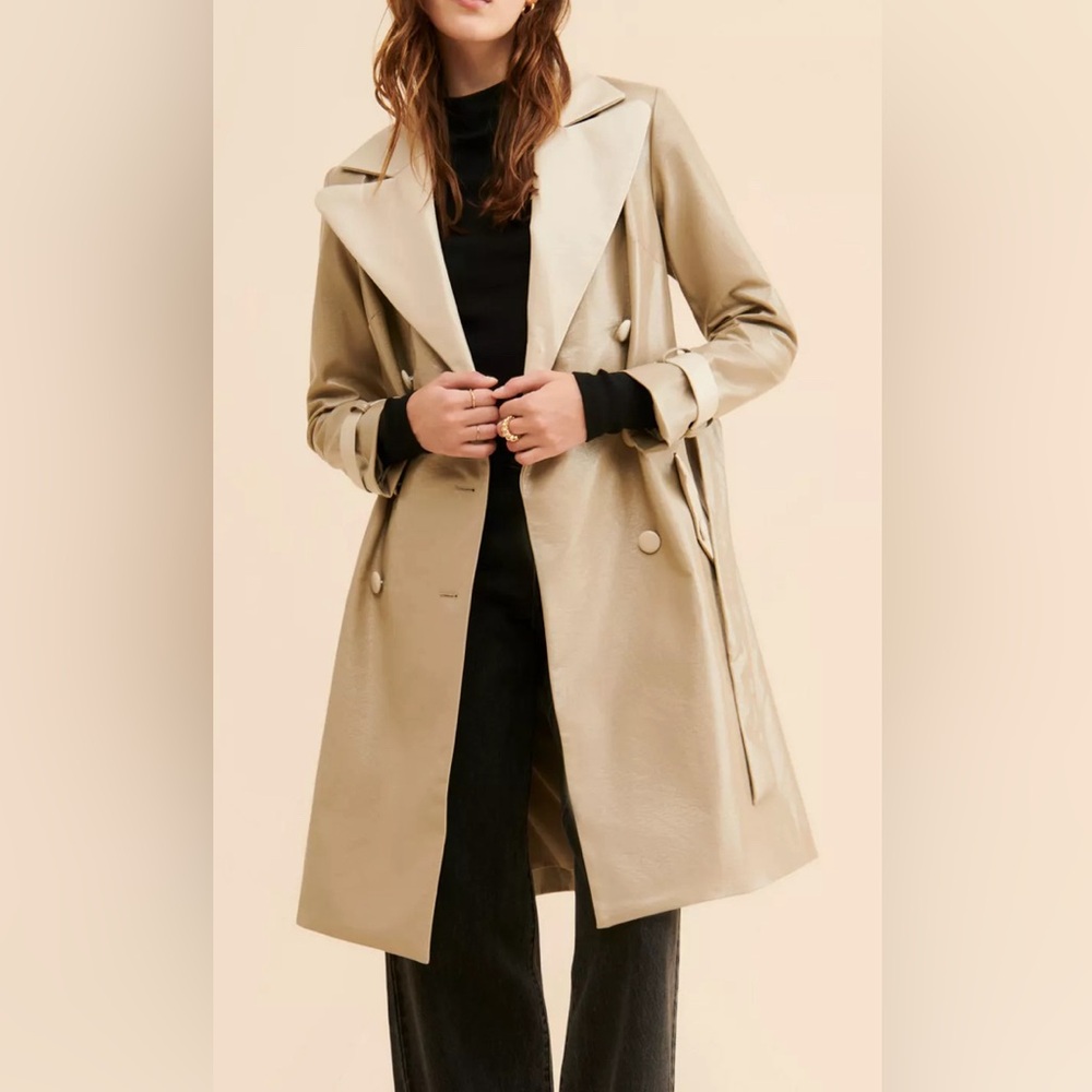 Anthropologie Hutch Vegan Leather Trench Coat beige & cream double-breasted NWOT - Picture 3 of 16
